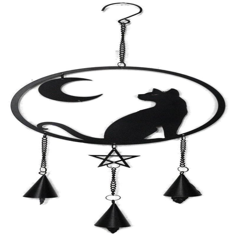 Moon Gazer Black Cat with Crescent Moon Pentagram Wall Hanging Decoration Chime