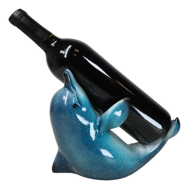 Nautical Ocean Marine Flipping Blue Dolphin Fish Wine Bottle Holder Beach Accent