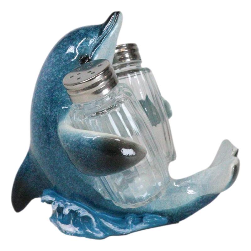 Ocean Marine Blue Dolphin Riding Sea Waves Salt And Pepper Shakers Holder Set