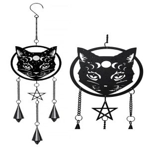 Phases of The Moon Celestial Black Cat Pentagram Wall Hanging Decoration Chime