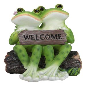 Romantic Frog Couple Sitting On Log Bench Holding Welcome Plank Sign Figurine
