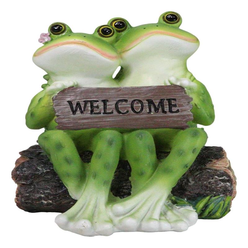 Romantic Frog Couple Sitting On Log Bench Holding Welcome Plank Sign Figurine