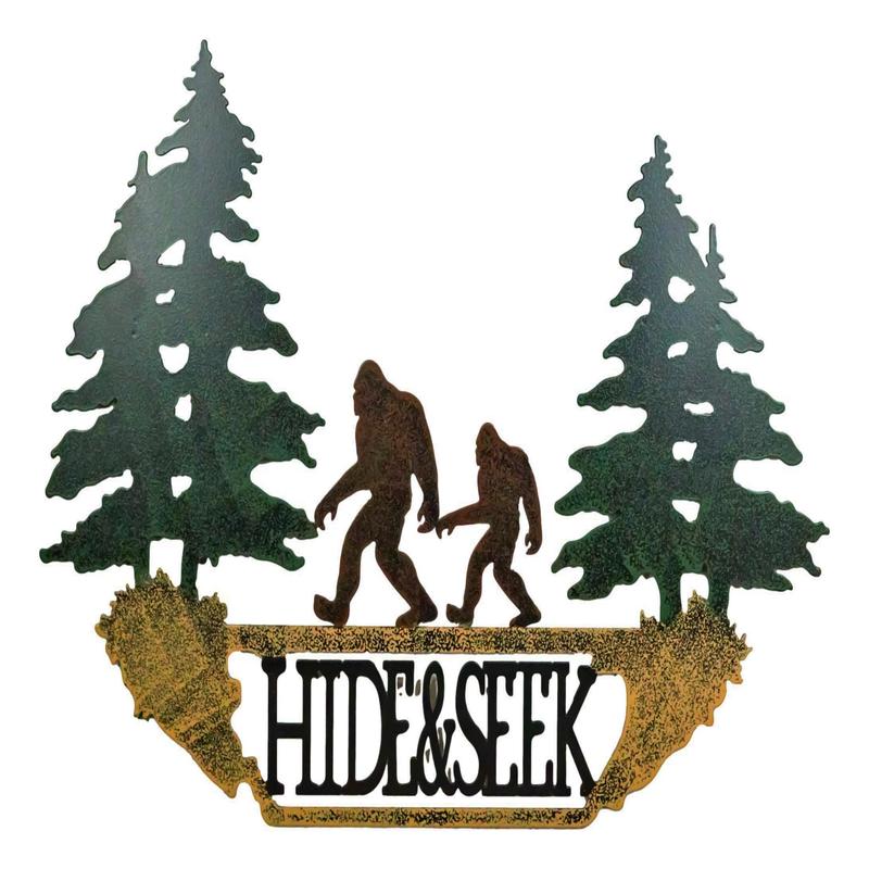 Rustic Sasquatch Big Foot by Pine Trees Hide & Seek Metal Wall Decor Plaque