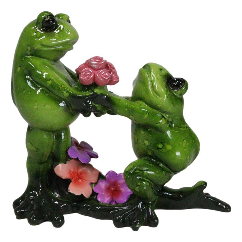 The Proposal Green Toad Frog Kneeling Before Mate with Bouquet of Roses Figurine
