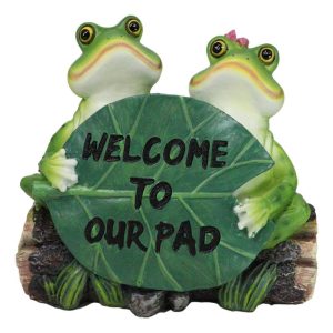 Welcome To Our Pad Green Frog Couple Sitting On Log With Lilypad Sign Figurine