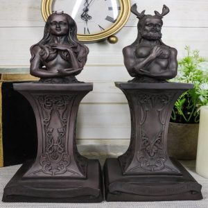 Wiccan Deity Horned God And Crescent Celestial Moon Goddess Herm Bust Sculpture