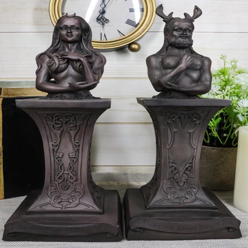 Wiccan Deity Horned God And Crescent Celestial Moon Goddess Herm Bust Sculpture