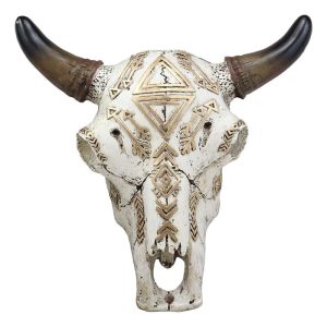 Ebros 9" Wide Western Southwest Steer Bison Buffalo Bull Cow Horned Skull Head Gold Triangles and Arrows Inlay Design Wall Mount Decor