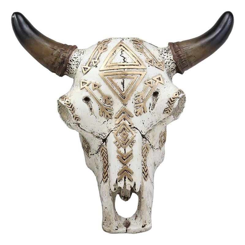 Ebros 9" Wide Western Southwest Steer Bison Buffalo Bull Cow Horned Skull Head Gold Triangles and Arrows Inlay Design Wall Mount Decor
