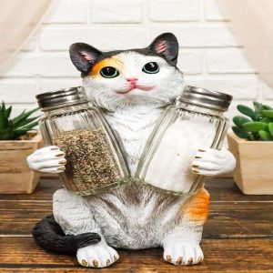 Ebros Adorable Calico Furry Feline Kitty Cat Salt Pepper Shakers Holder Figurine 8.25" H