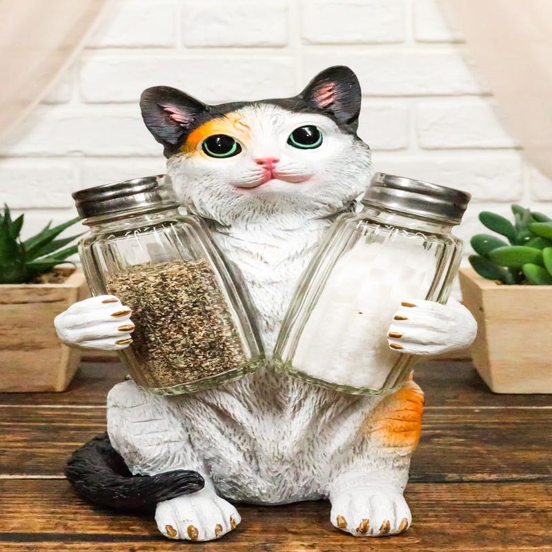 Ebros Adorable Calico Furry Feline Kitty Cat Salt Pepper Shakers Holder Figurine 8.25" H