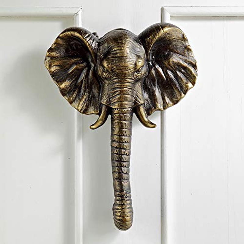 Ebros Aluminum Metal Hand Painted Bronze Color Safari Tusked Elephant Head Door Knocker with Strike Plate 10.5" High Decorative Jungle Forest Grasslands Elephants