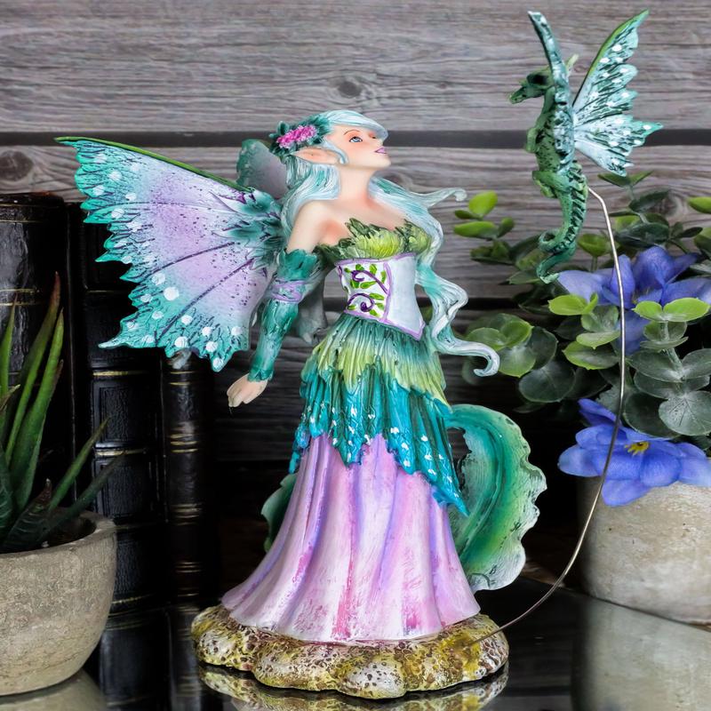 Ebros Amy Brown Discovery Enchanted Elf Fairy FAE Damsel with Green Pixie Dragon Statue 8" Tall Fantasy Mythical Faery Garden Magic Collectible Figurine Fairies Pixies Nymphs Decor