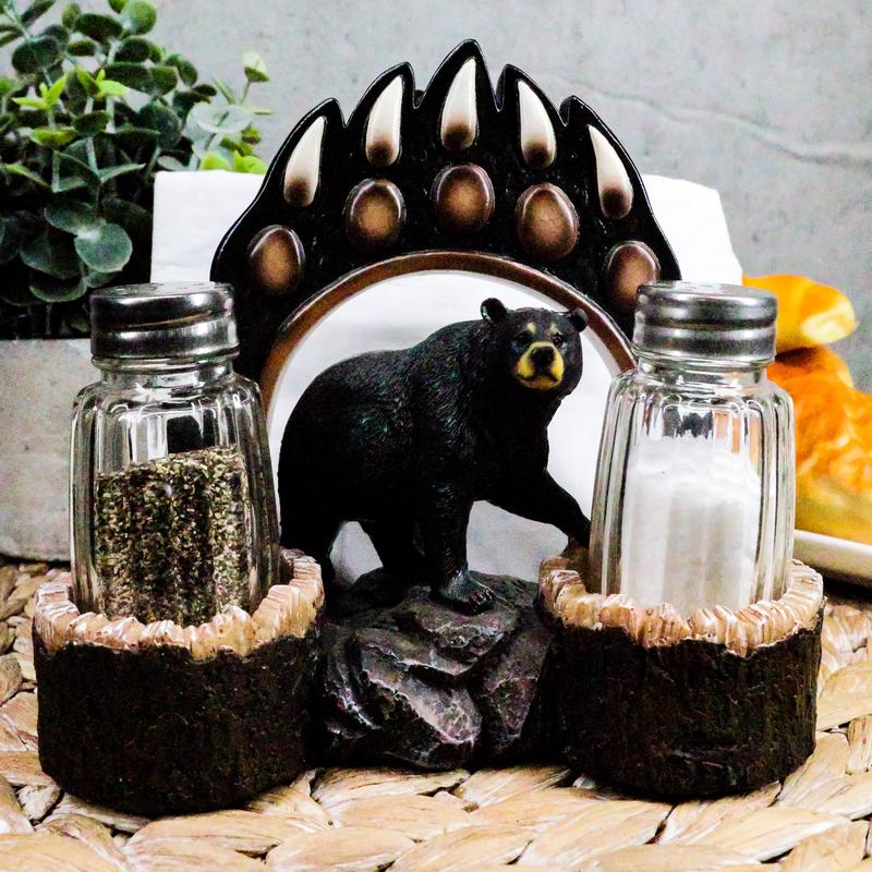 Ebros Animal Totem Black Bear Paw Napkin and Salt Pepper Shakers Holder Statue