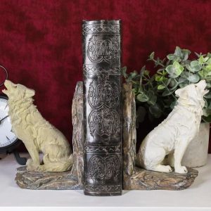 Ebros Animal Totem Spirit Howling Gray And Snow Wolves Decorative Small Bookends Figurine Set 5.5"Tall As Timberwolf or Wolf Decor For Library Book Shelves Fantasy Sculptures