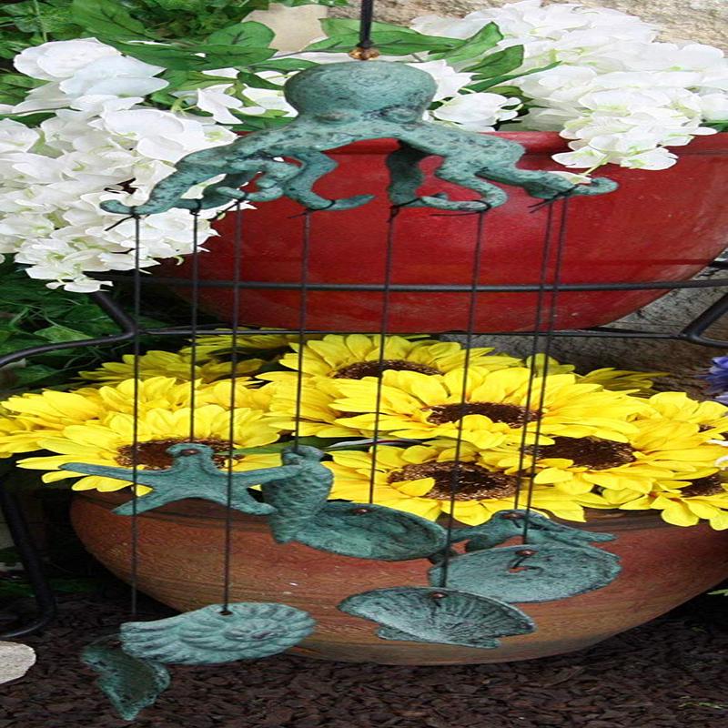 Ebros Antique Verdigris Finish Cast Iron Nautical Marine Sea Octopus Wind Chime Noisemaker Mobile with Starfish and Seashells Ornaments Davy Jones Kraken Cthulhu Outdoors Pool Patio Garden Decorative