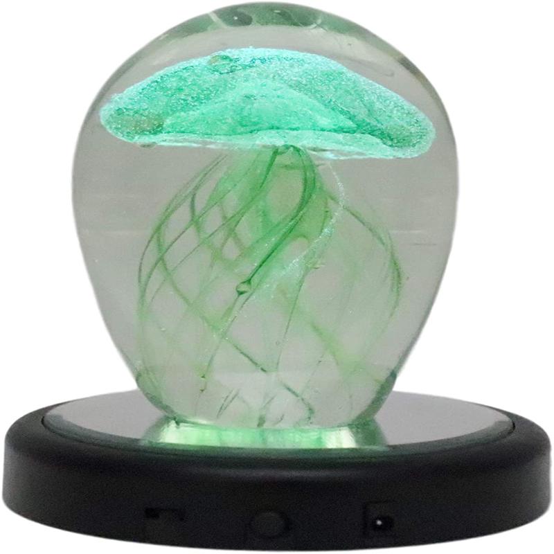 Ebros Art Glass Glow in The Dark Translucent Jellyfish With LED Base (Green)