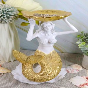 Ebros Art Nouveau Mermaid Holding Sea Shell Candle Or Jewelry Holder Decor Figurine 10.25" Tall
