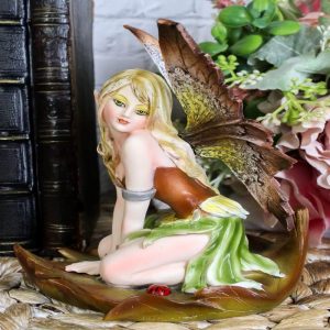 Ebros Autumn 5.25 Inch Fairyland Autumn Winged Fairy in Leaf Statue Figurine