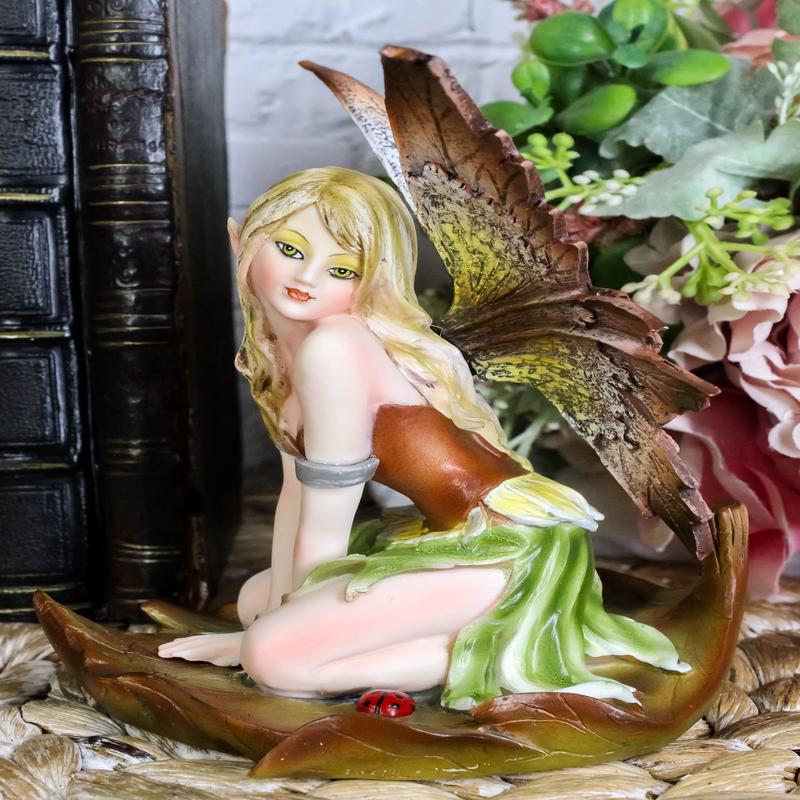Ebros Autumn 5.25 Inch Fairyland Autumn Winged Fairy in Leaf Statue Figurine