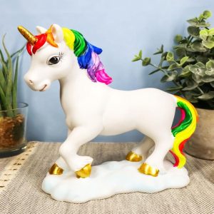 Ebros Beautiful Rainbow Mane Gold Horn Unicorn Mare Horse Walking On Clouds Figurine