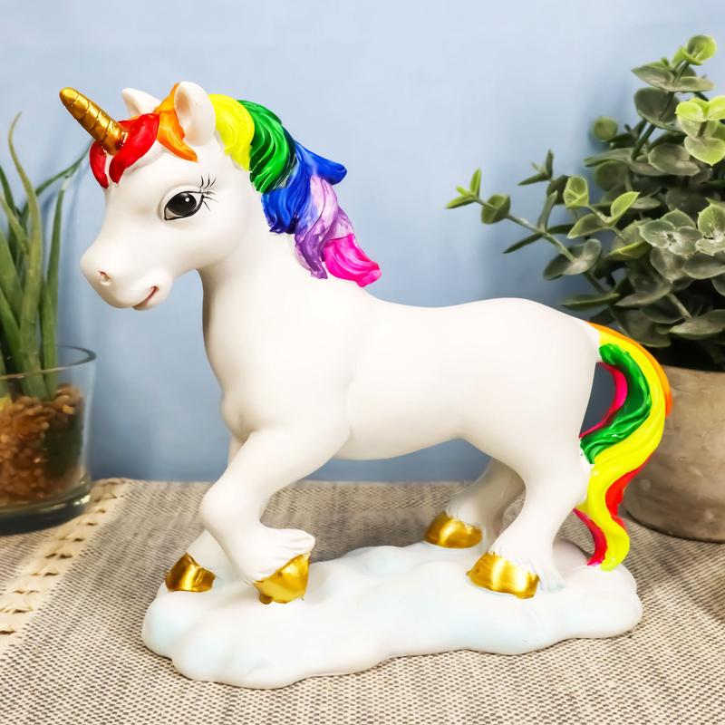 Ebros Beautiful Rainbow Mane Gold Horn Unicorn Mare Horse Walking On Clouds Figurine