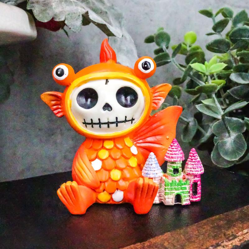 Ebros Furrybones Goldfish Fish With Rainbow Sea Castle Skeleton Statue Toy