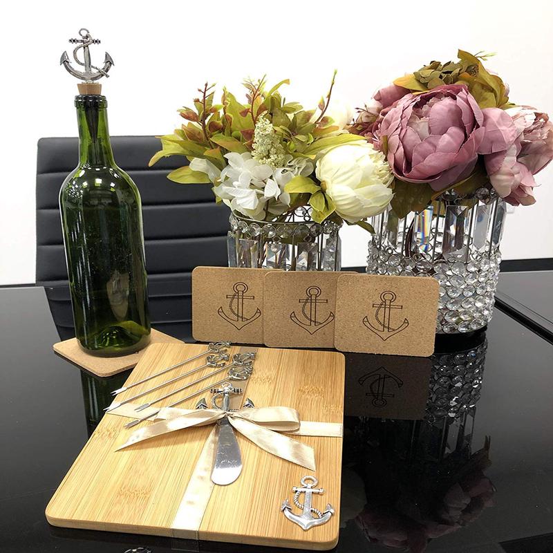 Nautical Anchors Bamboo Cheese Board Knife Wine Stopper Picks Coasters Gift Set