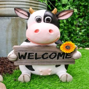 Sunflower Country Side Whimsical Holstein Cow With Welcome Sign Statue 13"Tall