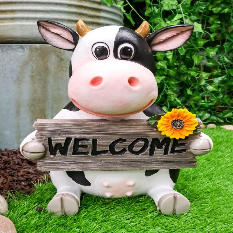 Sunflower Country Side Whimsical Holstein Cow With Welcome Sign Statue 13"Tall