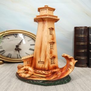 Ebros 9"H Nautical Lighthouse With Life Ring Buoy And Crashing Ocean Wave Statue