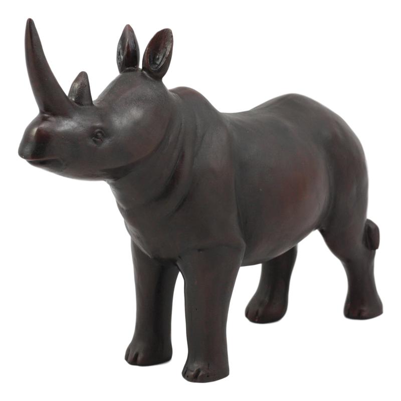 Ebros African Safari Rhino Rhinoceros Statue 9.5" Long in Dark Mahogany Faux Wood Finish
