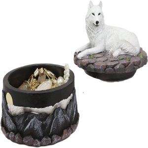 Ebros Albino White Wolf in Repose Round Jewelry Decorative Box 5.25" Diameter