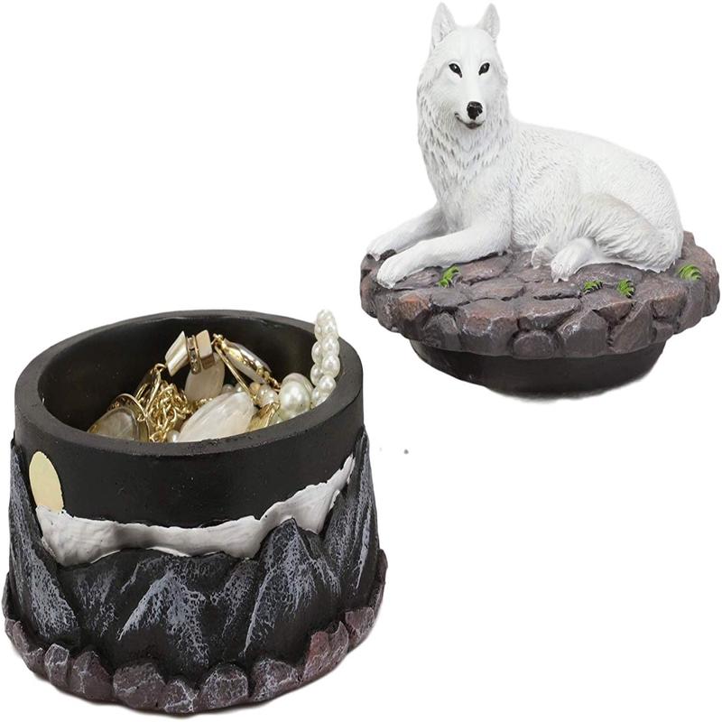 Ebros Albino White Wolf in Repose Round Jewelry Decorative Box 5.25" Diameter