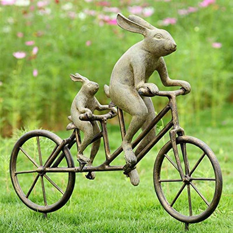 Ebros Aluminum Father & Son Rabbits Riding Tandem Bicycle 27"L Garden Statue