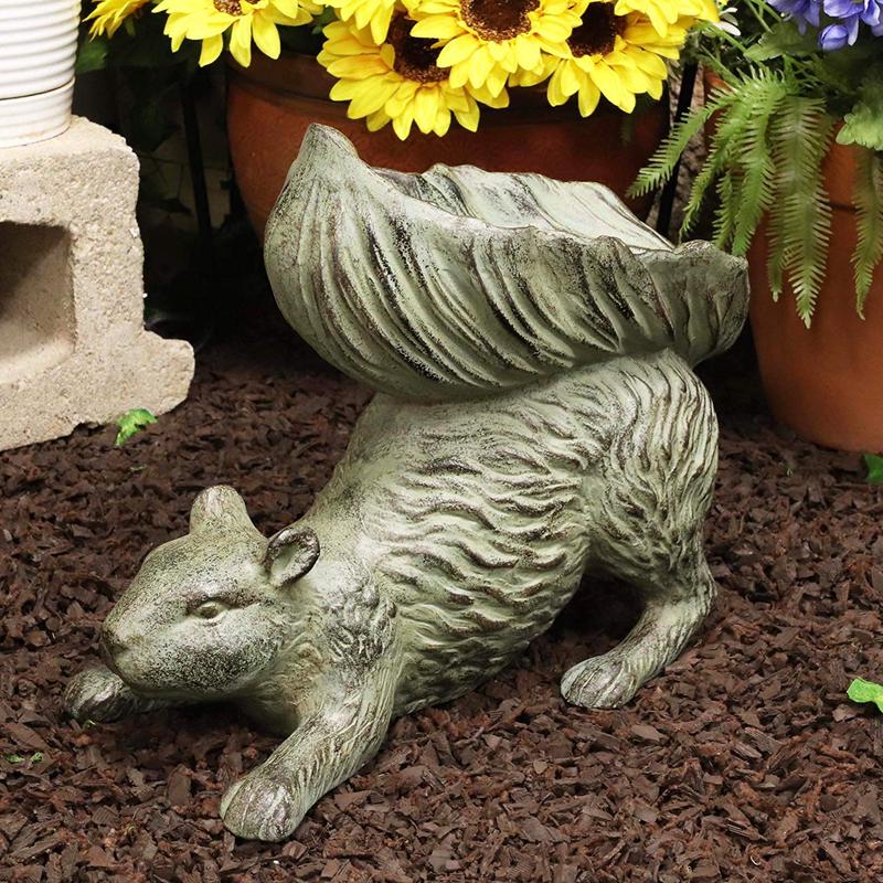 Ebros Aluminum Squirrel Statue w/ Dish Bowl Tail Garden Bird Feeder Bath 15"L