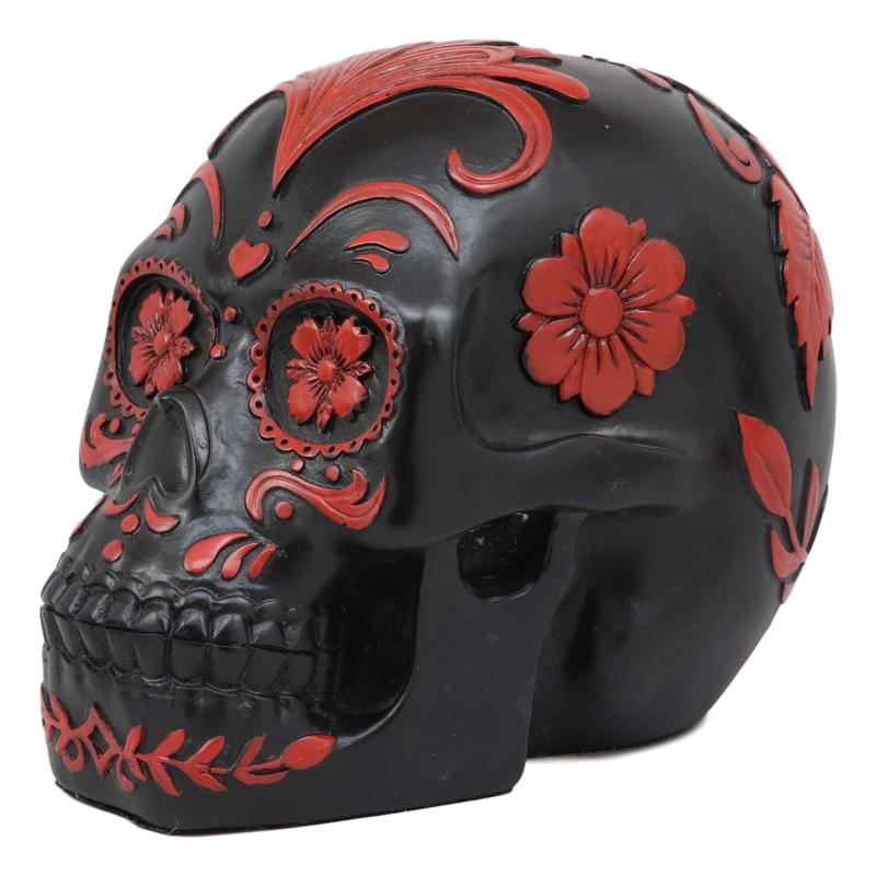 Ebros Black and Red Day of The Dead Floral Rose Skull Figurine DOD Roses Rosa Sugar Skulls Statue 7.25" Long