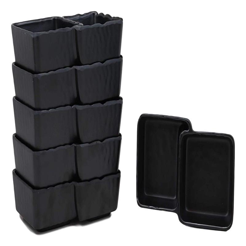 Ebros Black Melamine Traditional Design Condiments Ketchup BBQ Soy Sauce Dipping Bowl or Dish With Divider 2 Compartments Set of 6 Housewarming Gifts For Sushi Asian Dining Restaurant Supply