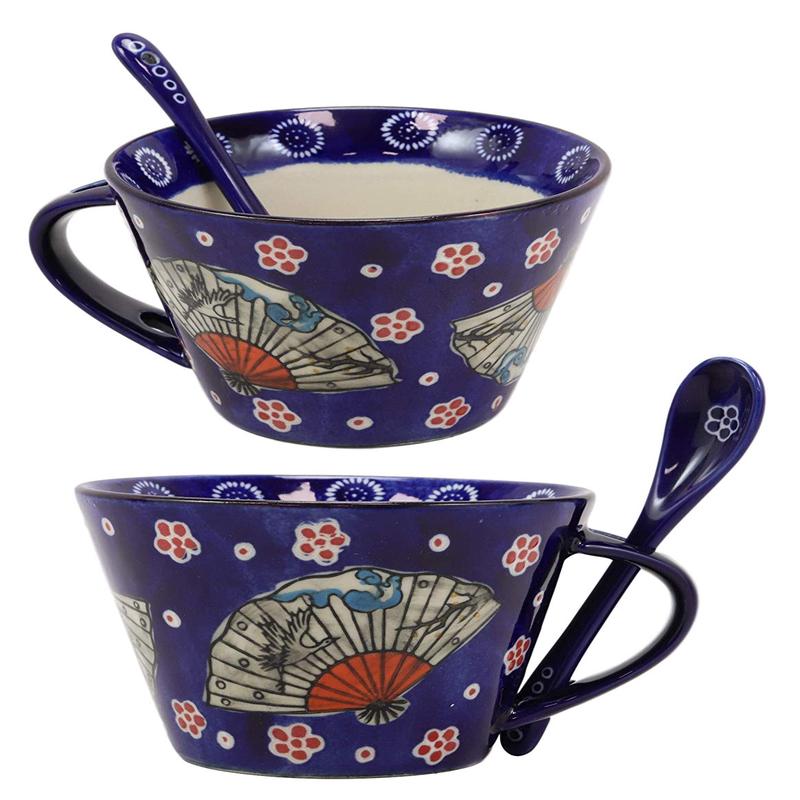 Ebros Blue Oriental Fan Porcelain Coffee Mug With Spoon 2pc Set 12oz PACK OF 2