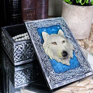 Ebros Blue Starry Night Alpha Grey Wolf Rectangular Decorative Box Trinket