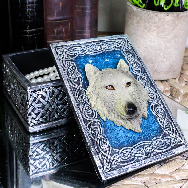 Ebros Blue Starry Night Alpha Grey Wolf Rectangular Decorative Box Trinket