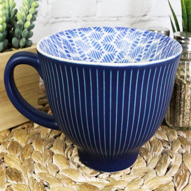Ebros Blue Vintage Victorian Botanic Floral Design Large Porcelain 19oz 5.25" Diameter Mug Cup With Handle (Palm Leaves, 1)