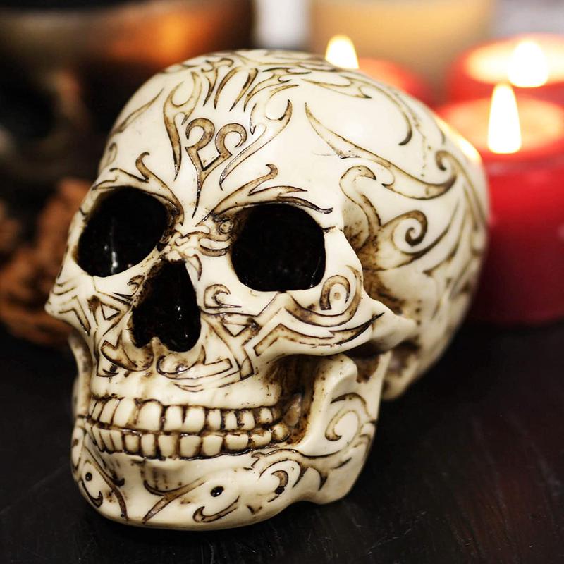 Ebros Bone Gothic Tribal Tattoo Phoenix Skull Figurine 6.5" Long Cranium Head