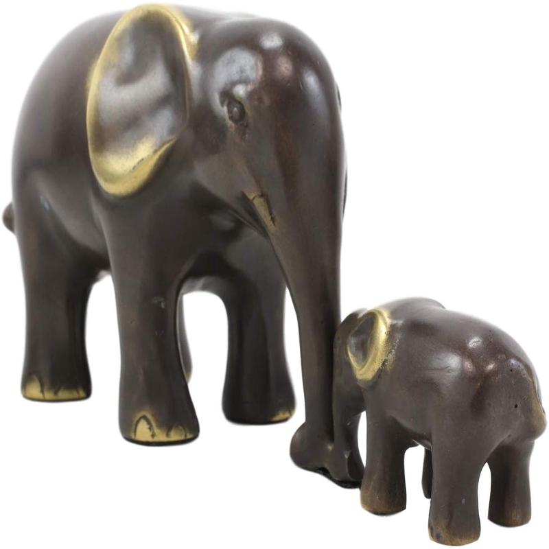 Ebros Brass Metal Safari Elephant Mother and Calf Bonding Scene Statue 9.25"L