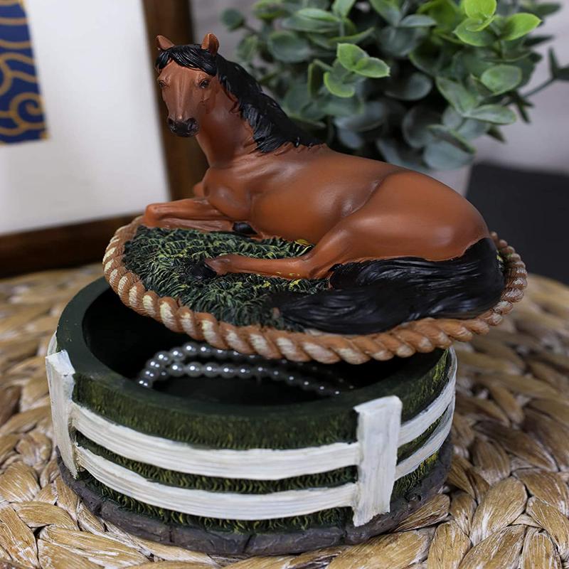 Ebros Brown Stallion Horse At Rest Round Jewelry Trinket Decorative Box 5.25"H