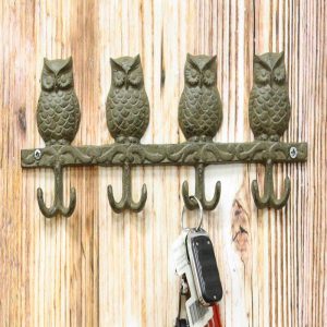 Ebros Cast Iron Rustic Anchors of Wisdom Great Horned Owls Family 8 Pegs Wall Hooks 11.5" Wide Hanger Nocturnal Bird Owl Themed Wall Mount Leash Coat Hat Keys Hook Decor Hanging Sculpture Plaque