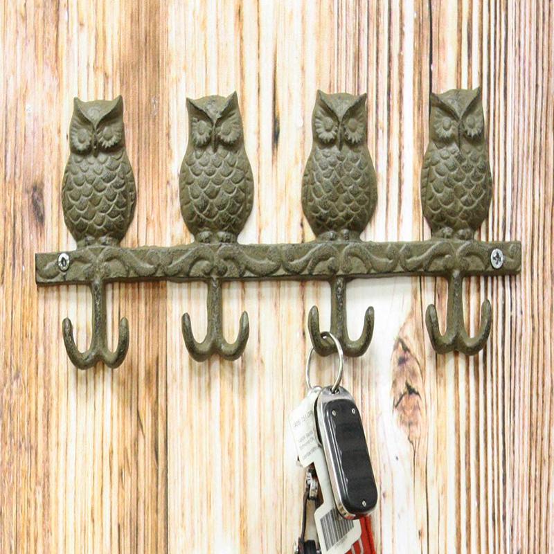 Ebros Cast Iron Rustic Anchors of Wisdom Great Horned Owls Family 8 Pegs Wall Hooks 11.5" Wide Hanger Nocturnal Bird Owl Themed Wall Mount Leash Coat Hat Keys Hook Decor Hanging Sculpture Plaque