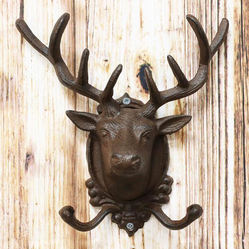 Ebros Cast Iron Rustic Stag Deer Antlers Wall Double Hooks Decor Plaque 10.5" H
