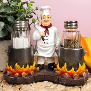 Ebros French Chef with Flaming Double Cauldron Pots Salt & Pepper Shakers Holder