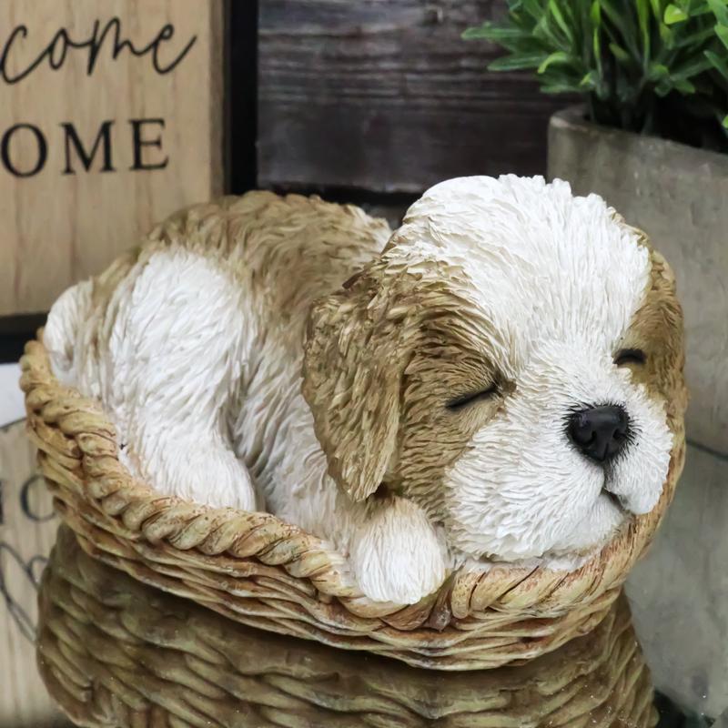 Ebros Realistic Life Like Shih Tzu Sleeping In Wicker Basket Statue Puppy Dog Figurine
